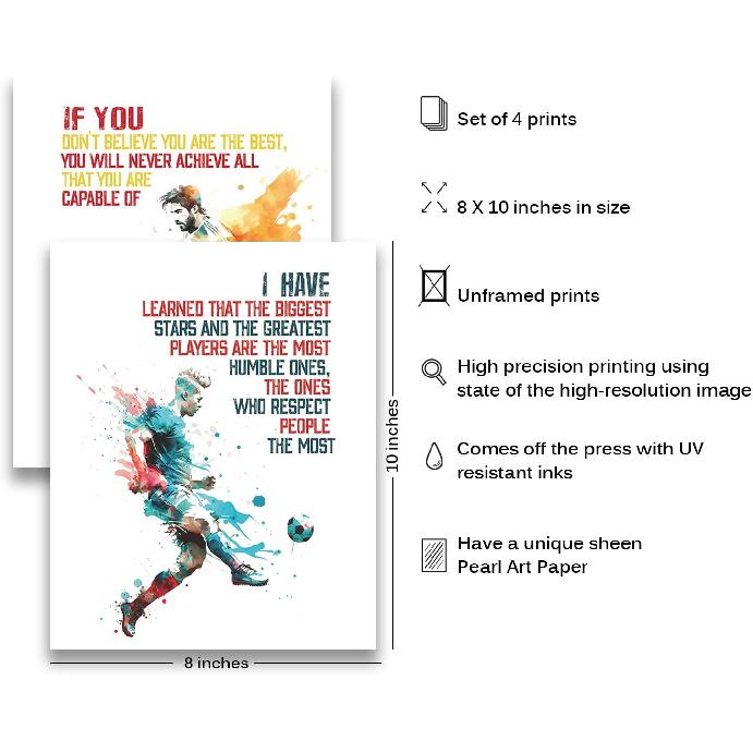 pirational Soccer Room Decor - Set of 6 Motivational Wall Art Prints (8x10 In) for Boy's Bedroom or Classroom