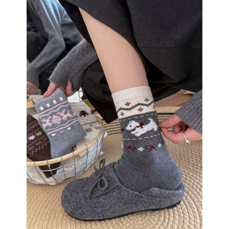 Ретро Теплые Флисовые Носки для Женской Осенне-Зимней Теплоты, Утолщенные Носки до Середины Икры, Милый Бантик, Носки с Собачкой Дуй Дуй