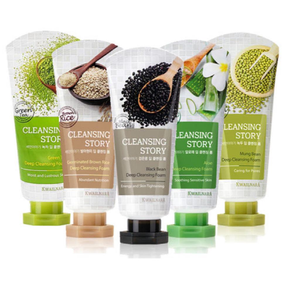 KWAILNARA Cleansing Story Глубоко очищающая пенка маш, проросший коричневый рис, алоэ, зеленый чай, черная фасоль, огурец, женьшень, улитка 120г (7 типов)