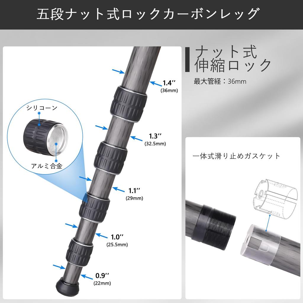 ARTCISE Компактный дорожный штатив из углеродного волокна диаметром 36 мм, комплект с шаровой головкой 52 мм с низким центром тяжести, легкий штатив из углеродного волокна с быстросъемной площадкой