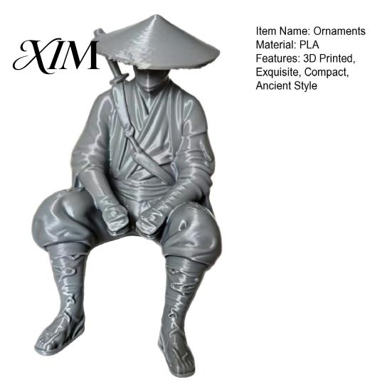 Atmospheric Retro Room Decor 3D Printed Ancient Chinese Hermit Warrior Figurine, Swordsman Statue with Bamboo Hat, Desktop Archeology Rack Mini