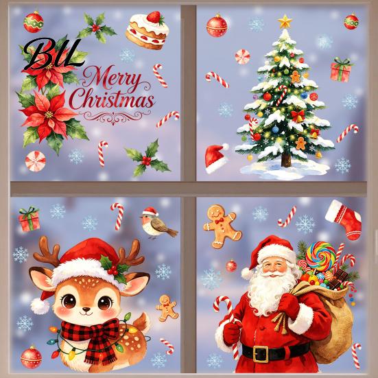Winter Home Ornament Watercolor Christmas Static Sticker, Santa Claus/Deer/Christmas Tree/Cake Pattern Print, Holiday Glass Decals Thickened