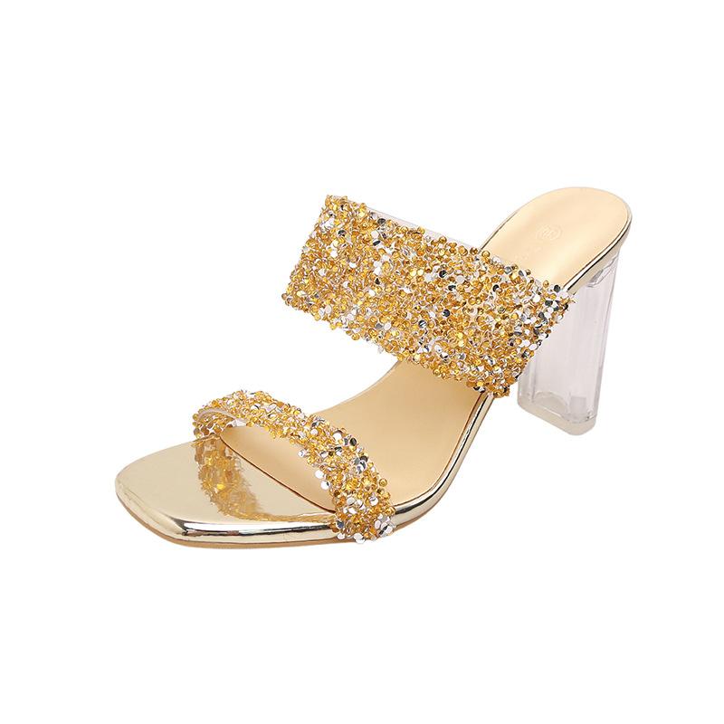 2024 New Women Shoes Sexy Party Women's High-heeled Beach Sandals Spring Summer Square Head Crystal Heel Sandals Golden Fashion