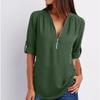 Shirt V-neck Zipper Plus Size Women's Long Sleeved Loose Chiffon Shirt with Adjustable Sleeves