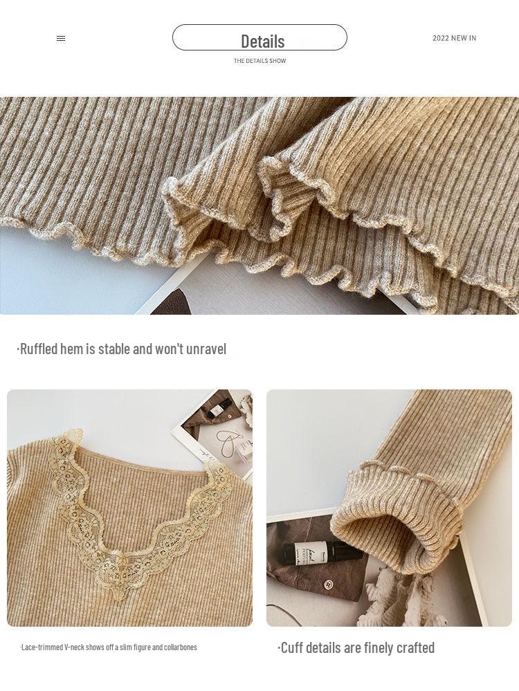 Gray Lace V-Neck Knit Sweater - Women's Slim Fit Long Sleeve Hollow Out Top for Autumn/Winter