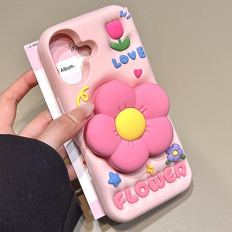 Cute 3D Flower Holder Stand Soft Silicone Phone Case For iPhone 13 14 15 16 17 Pro Max Shockproof Back Cover