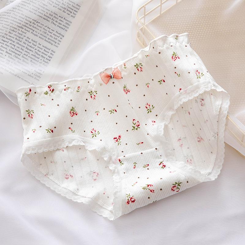 Bow Lace Border Floral Underwear for Women Pure Cotton Waist Bag Buttocks Girls Triangle Pants 6 Random Colors