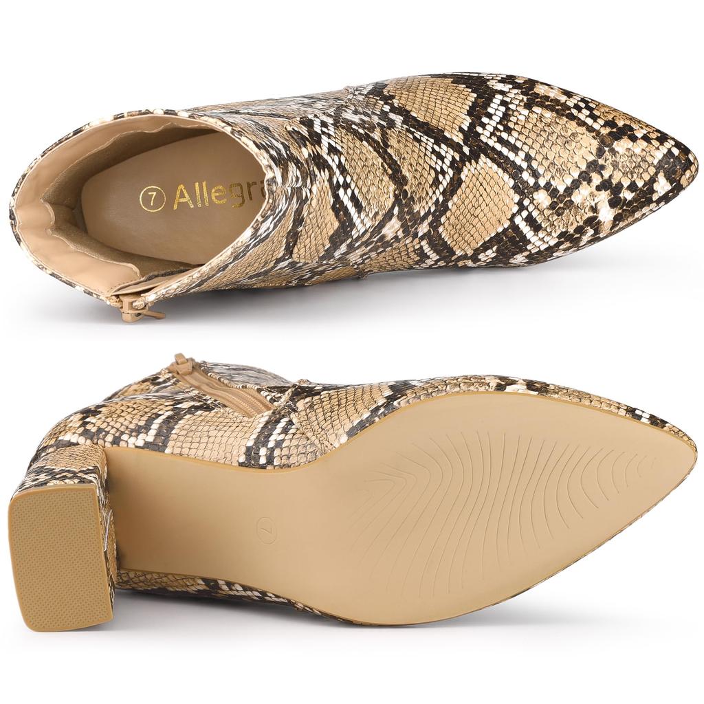 Женские коричневые ботильоны Allegra K с принтом под змею и пайетками, на массивном каблуке и с острым носком, размер 26,0 см