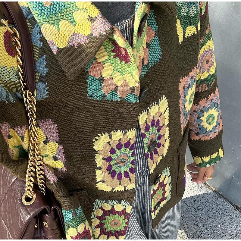 Jacquard Short Jacket Embroidery Thickened Warm Women Patchwork Lapel Short Coat Large Size Long Sleeve Loose Casual Outwear Retro Style Autumn