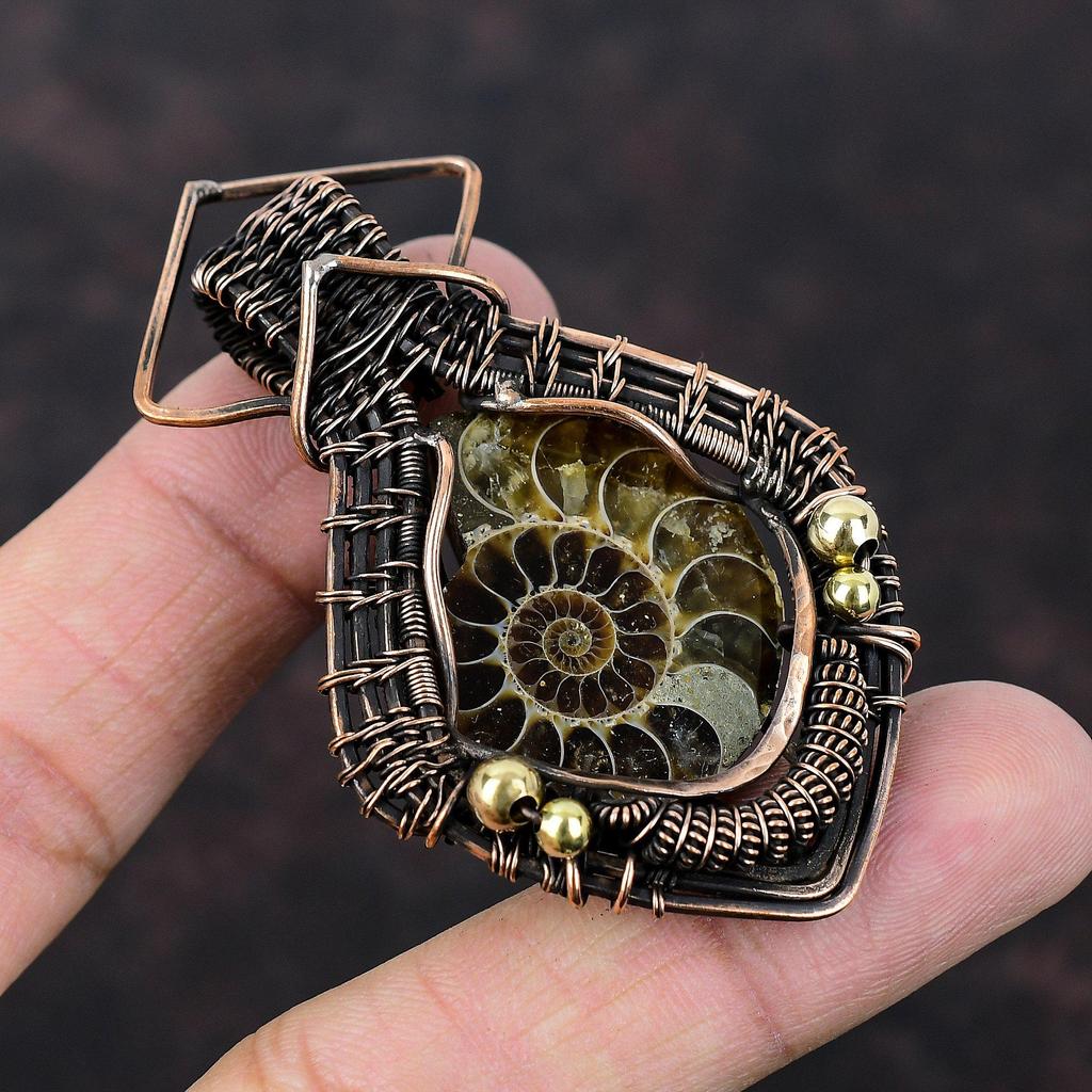 Ископаемый аммонитовый кулон, медная проволока, ювелирные изделия из драгоценных камней, медный кулон, этнические украшения, кулон ручной работы, кулон из проволочной обмотки, подарок для женщин