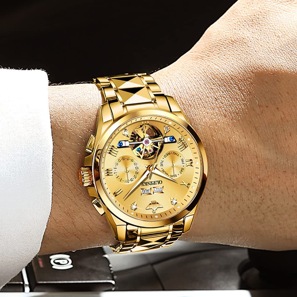 Gold Automatic Watch Luxurious Gentleman Skeleton Tungsten Sapphire 5 ATM Water Resistant Date Luminous Day of the Week Men's