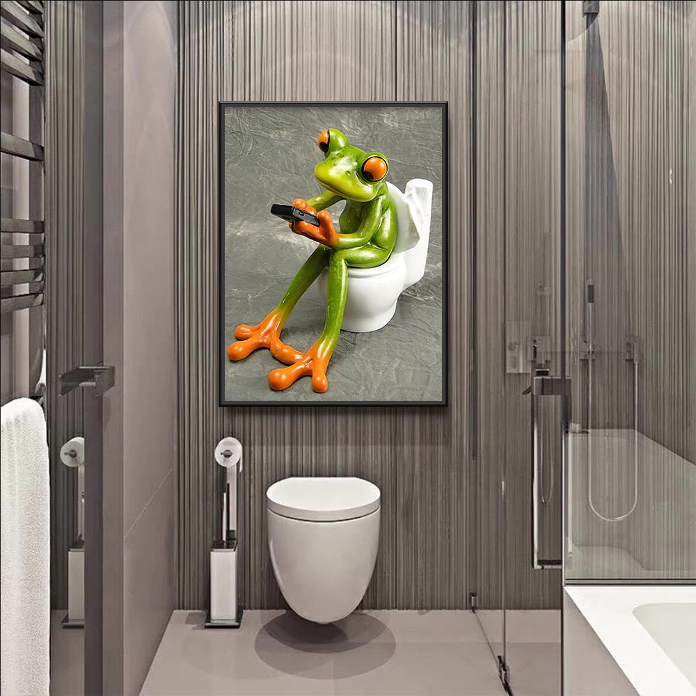 Peinture Sur Toile De Grenouille Verte Assise Sur Les Toilettes, Images D'art Animal Moderne, Pour Salle De Bain