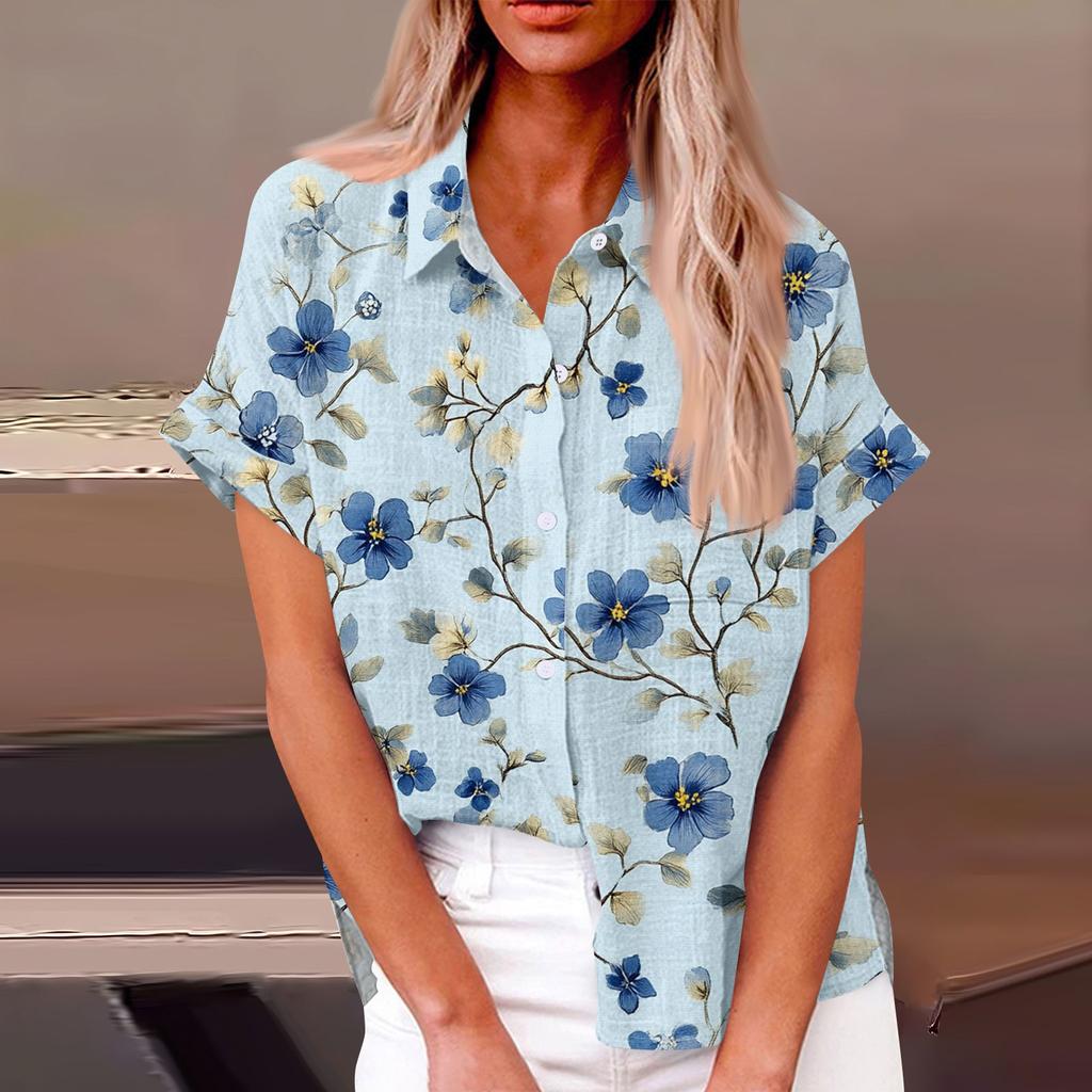 Женская модная свободная повседневная рубашка с коротким рукавом и отворотом на пуговицах, футболка с принтом, топ