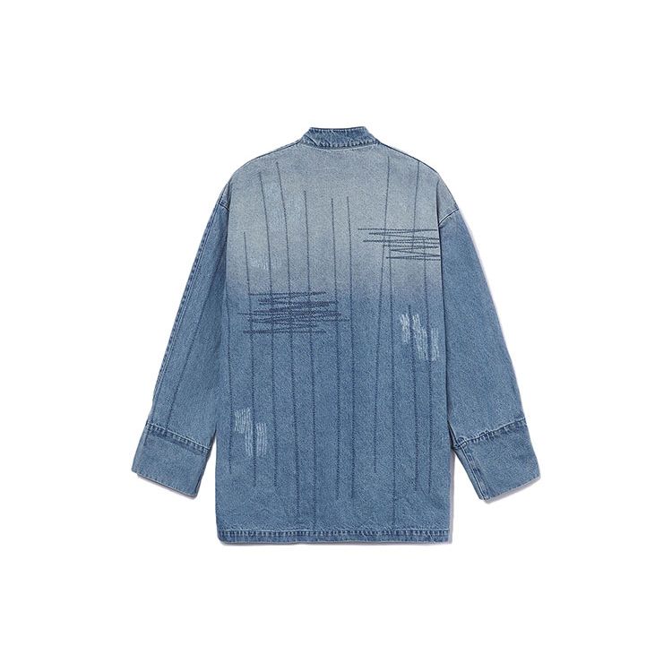 Li Ning CF Woven Button Asymmetrical Pocket Loose Wash Denim Jacket Men Jacket Blue AJDR529-1