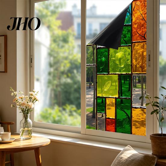 Easy Install Glass Sticker Static Cling Window Film, Full Blackout, Colorful Geometric Privacy UV Blocking, Reusable Heat Insulation for Home