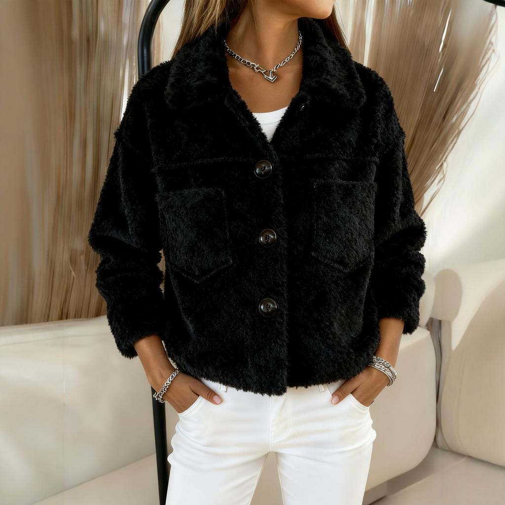 Women's Fashionable Solid Color Long Sleeved Pocket Plush Warm And Loose Casual Short Jacket