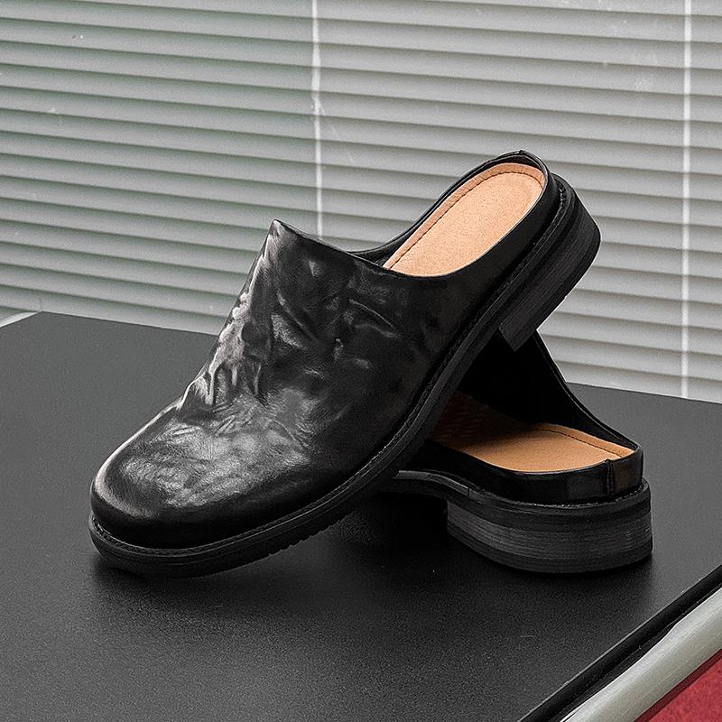 Fashion Summer Leather Slippers for Men Casual Beach Shoes Anti-Slip Soft Bottom Muller Shoes Versatile Slip-On Sandals Half Drag Slides