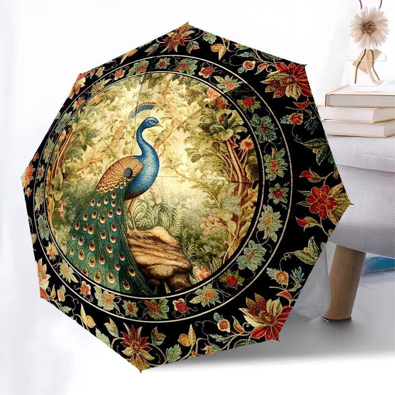 Peacock, FloralThemed Automatic Opening and Closing umbrella 8 Ribs, Suitable for Leisure and Going Out, Outdoor Accessory, Gothic Style,