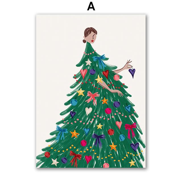 Рождественская елка Девочка Санта Клаус Машина Подарок Вечеринка Настенное искусство Холст Живопись Скандинавские постеры Принты Картина для гостиной Домашний декор