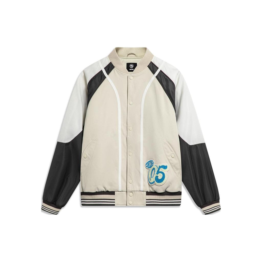 Li-Ning Куртка бейсбольная с принтом Letter Off-Season с воротником-стойкой, мужская куртка Gravel-Gray Obsidian-Gray AJMU015-5