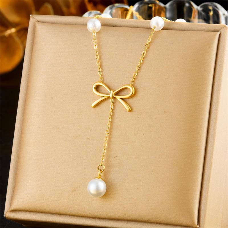 316L Stainless Steel Pearl Bowknot Chain Tassel Necklace Earrings Set For Women Lady Fashion New Jewelry Party Wedding Gifts