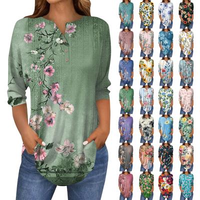 Женская свободная футболка с воротником на пуговицах и винтажным цветочным принтом, рукав три четверти