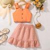 Комплект модной одежды для девочек, летний детский сладкий короткий топ с бретелькой через шею, клетчатая юбка, два комплекта