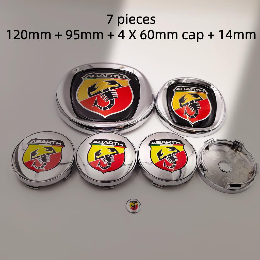 7pcs fiat Abarth Car Hood Front Bonnet Grill Rear Trunk Emblem Logo Badge 85/95/100/120mm Car Wheel Center Caps Hubcap Cover