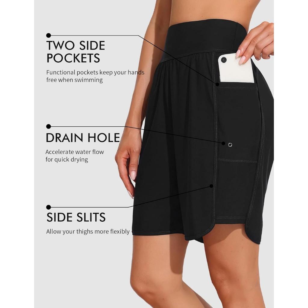 CHARMLEAKS Women's 6" Swim Shorts High Waisted Board Shorts with Pockets Quick Dry UPF50+ Swimsuit Bottoms Built-in Brief