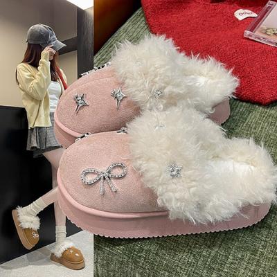 Модные зимние ботинки на платформе с бантом из бриллиантов, женские флисовые теплые хлопковые ботинки