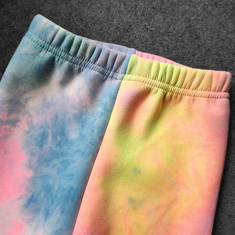 Детские брюки осень-зима для маленьких девочек с принтом тай-дай флуоресцентного цвета плюс бархатные толстые теплые леггинсы