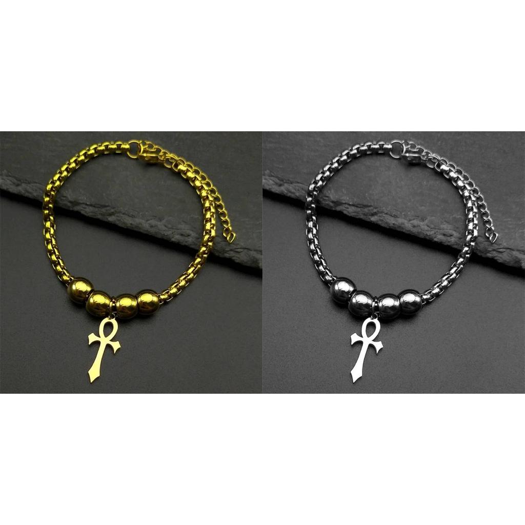 Bracelet Vintage Charm Amulet Talisman Ankh Cross Men Women Stainless Steel Egypt Egyptian Key Life Religious Jewelry Gift Hip Hop Rock Goth Gothic
