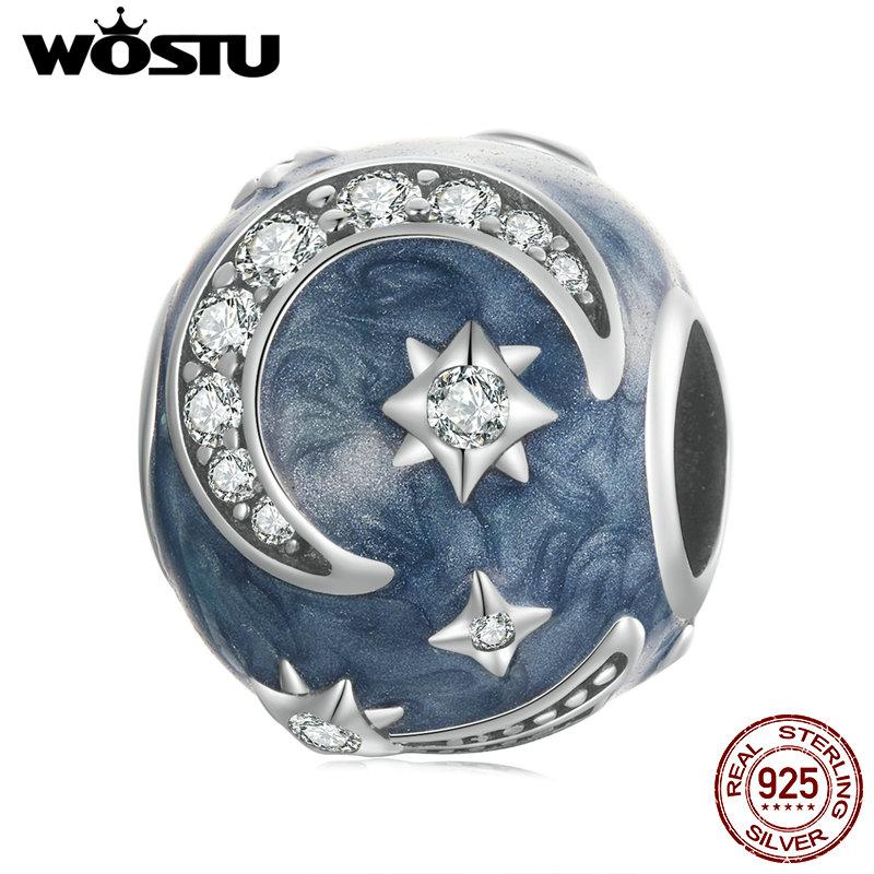 WOSTU Очаровательные лунные бусины со звездами и галактиками из стерлингового серебра 925 пробы в стиле темной ночи, подходят для изготовления женских браслетов и браслетов своими руками, ювелирных изделий