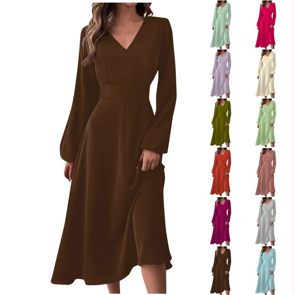 Women's  And Winter Casual Fashion V-neck Long Sleeve Solid Color Long Dress