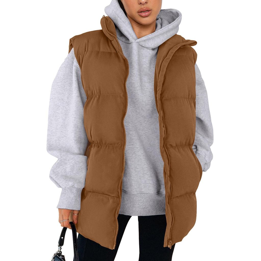 Женская мода осень жилеты повседневные без рукавов воротник стойка застежка куртка пальто теплая зимняя верхняя одежда