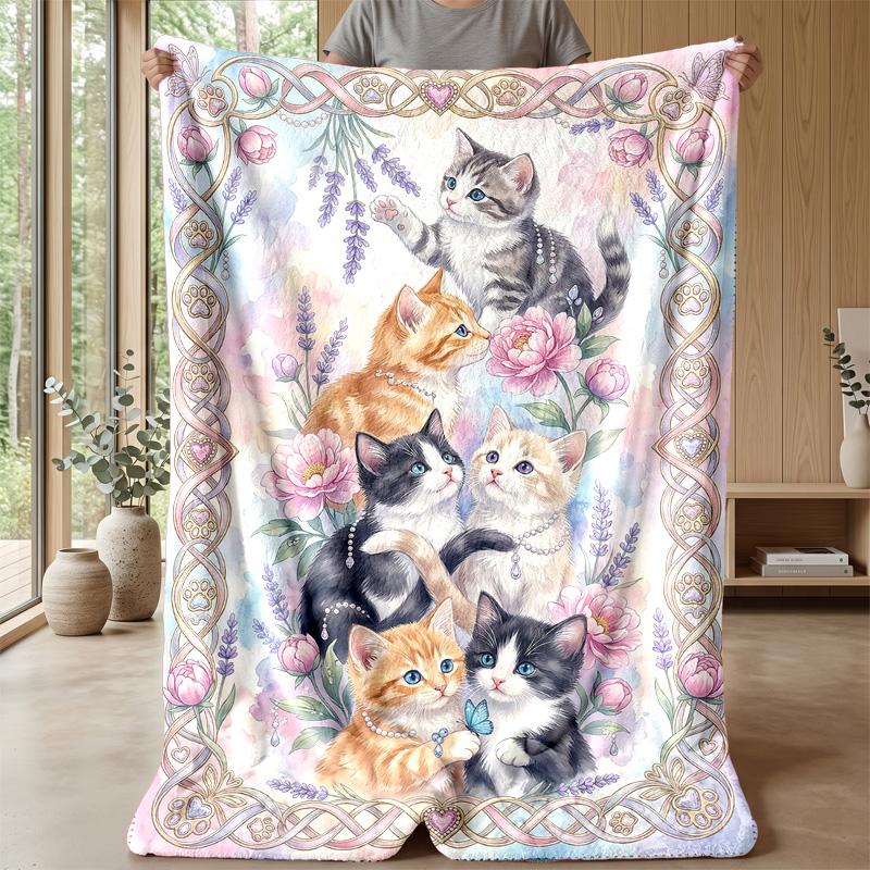 Floral Kittens Dreamscape Theme blanket Lightweight Warm Flannel Blanket Decorative Throw Blanket for Home Decoration