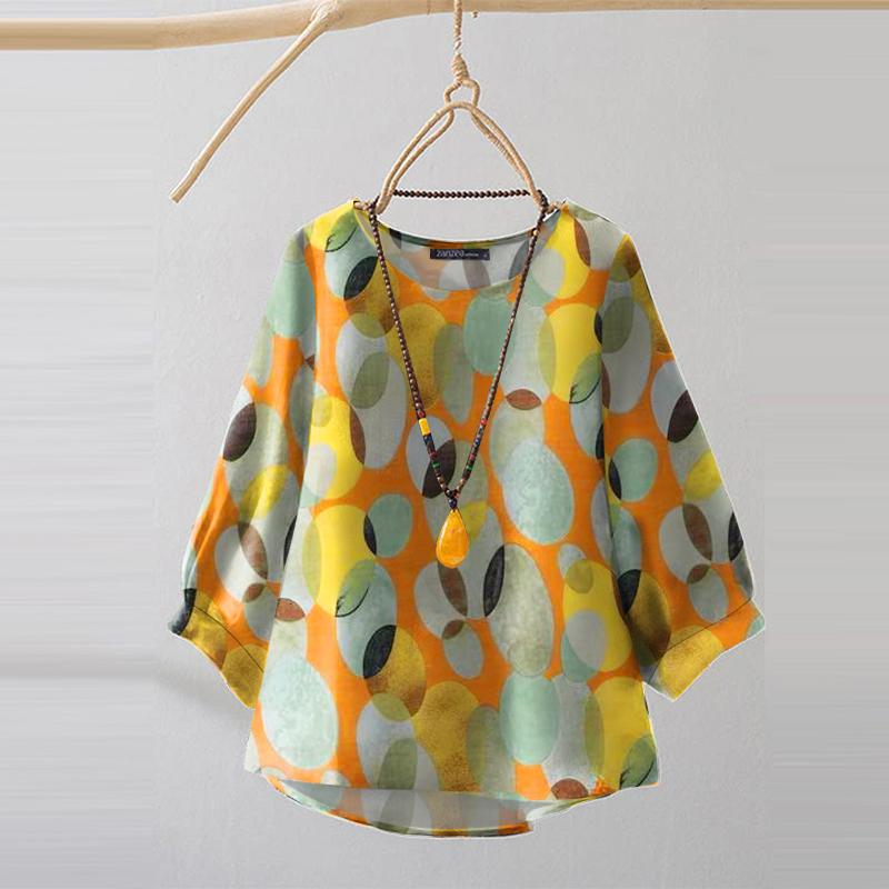 ZANZEA Women Round Neck 3/4 Sleeve Casual Print Blouse