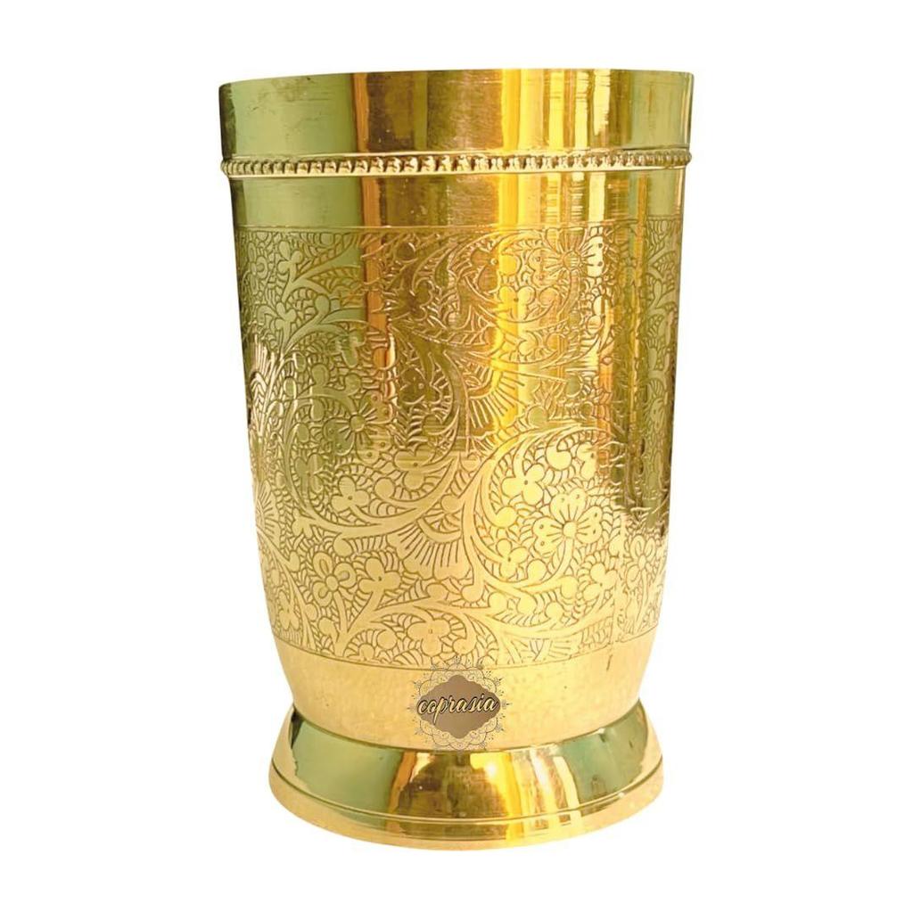 Brass Dining Glass || Drinking Brass Glass || Brass Tumbler with Embosed Design - Capacity 300 Ml (Pack of 1 Glass)