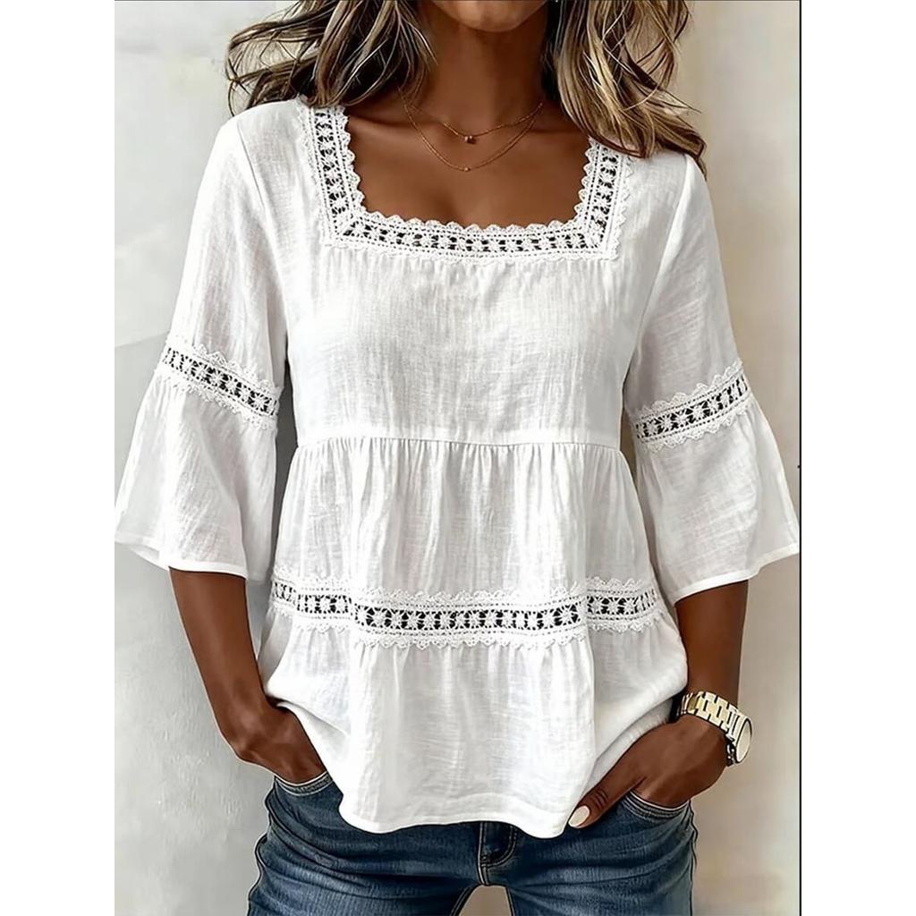 Summer Women's Solid Color Linen Cotton Square Neck Lace Trim 3/4 Sleeve Casual Top