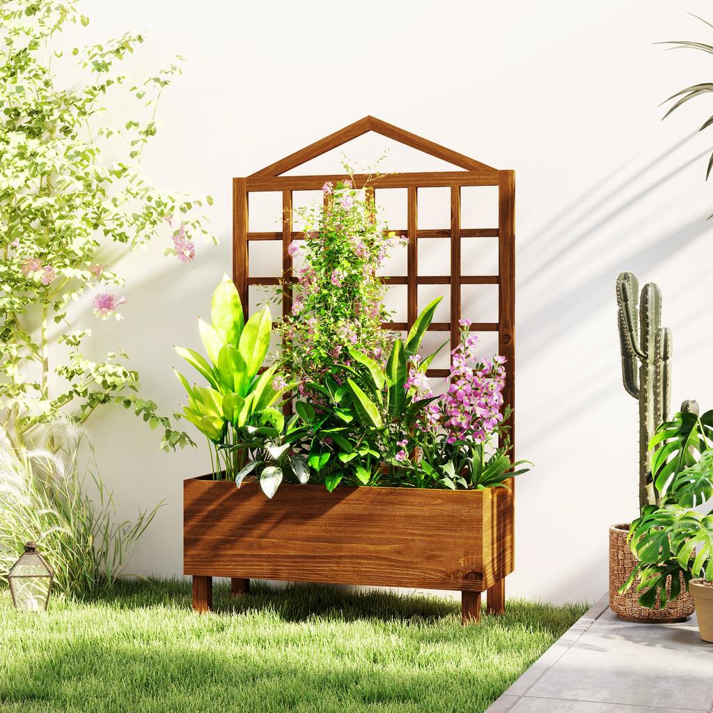 Garden Planters With Trellis For Vine Climbing Distressed Wooden Raised Beds 90x43x150cm Brown