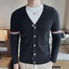 Men's Trendy TB Red, White, & Blue V-Neck Grosgrain Knit Cardigan Sweater for Autumn/Winter