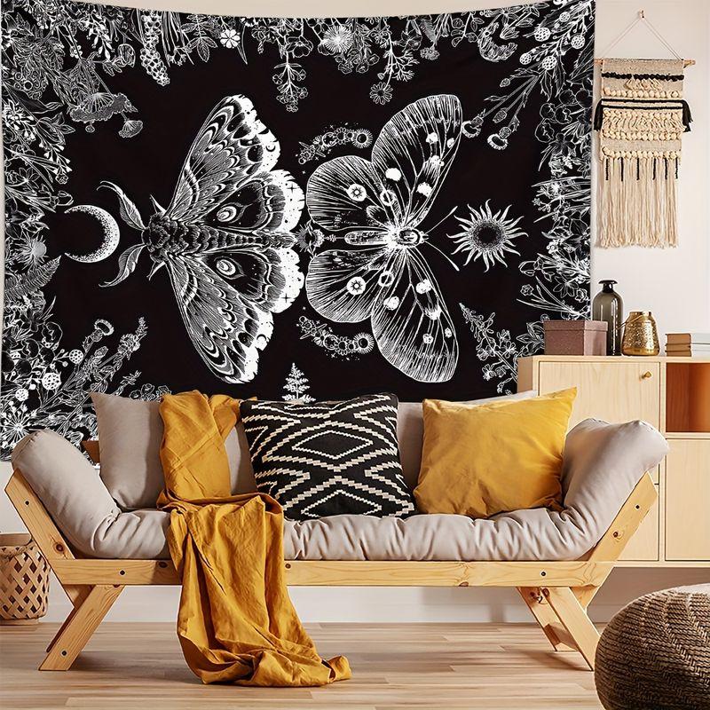 Black White Sun Moon Moth Butterfly Flower Frame Tapestry, Mystical Wall Art for Bedroom Living Room Decor