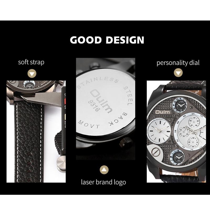 Oulm Men's Watch with Large Dial and Dual Time Zone Fashionable Genuine Leather Quartz Watch