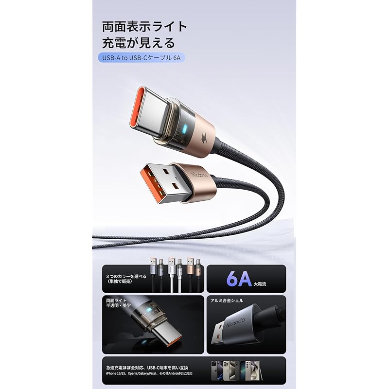 Mcdodo USB-A To USB-C Cable 6A Fast Charging Type-C Cable i-Phone 16/15 Xperia Galaxy Pixel Compatible with Android Etc. High Speed Data Transfer