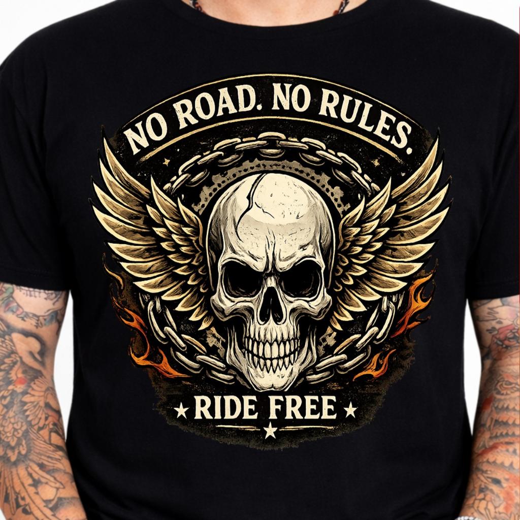 No Road No Rules Winged Skull Biker T-Shirt Chain Motorcycle Graphic Tee.