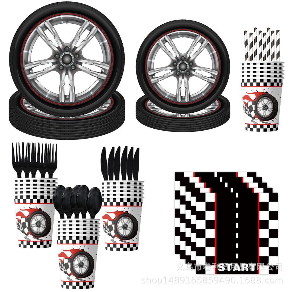 Racing Theme Party Supplies Birthday Decoration Tableware Wheel Arrangement Props Banner Tablecloth Swing Tissue