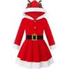 Kids Girls Christmas Dress Santa Claus Dress Hooded Deer Ears Long Sleeve Fleece Dress A-line Christmas Dress with Waistband
