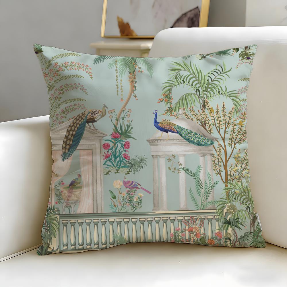 Classic Mughal Garden With Peacock Cushion Cover Soft & Easy-Wash Pillow Case – Versatile For Couch, Bed, Travel And Office