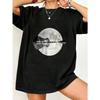 Black Oversized T-Shirt With Full Moon And Lake Reflection Print For Casual Wear