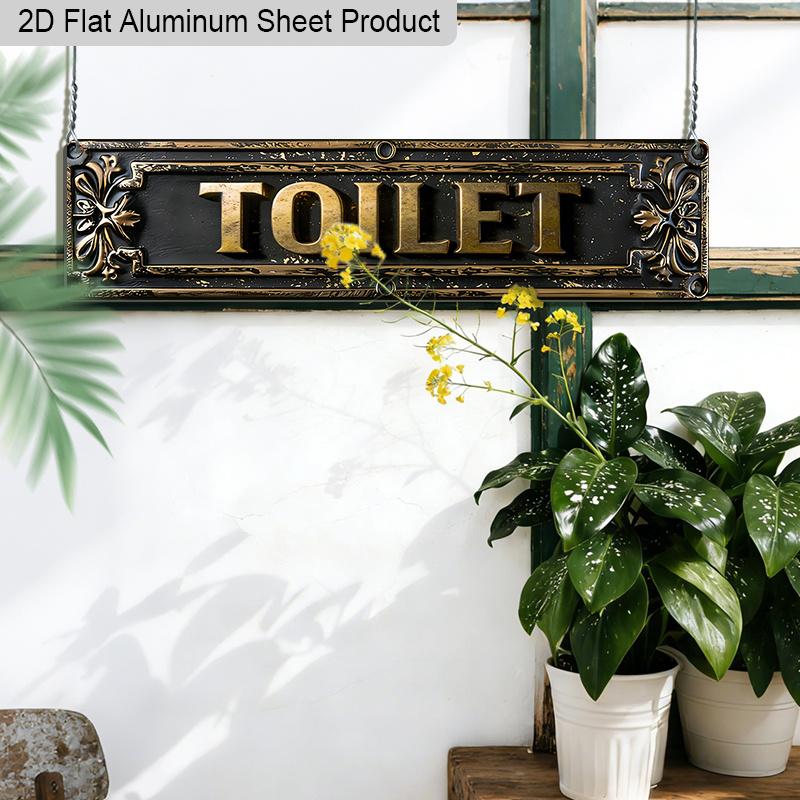 2D Flat 1pc Gothic Luxury Aluminum Toilet Sign "TOILET" with Ornate Gold Frame & Black Background 15.7x3.94 Inch, Vintage Victorian Metal Wall Plaque